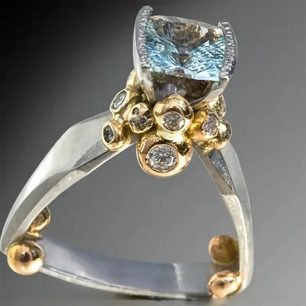 Elegant Triangle Wreath Ring with Blue & Clear Zirconia Luxurious Golden-Plated